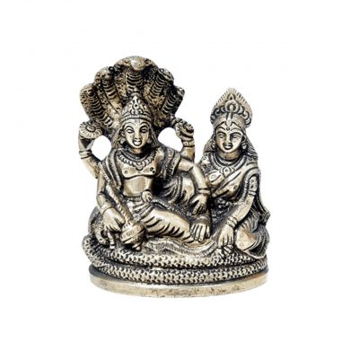 Lord Vishnu and Goddess Lakshmi Seated on Sheshnag Brass Idol 3.7 inch for Home Temple