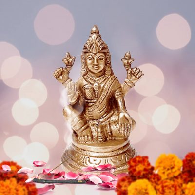 Lakshmi Statue Hindu Goddess of Wealth, Prosperity, Wisdom and Fortune Sculpture 4 Inch Brass Figurine