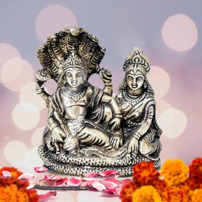 Lord Vishnu and Goddess Lakshmi Seated on Sheshnag Brass Idol 3.7 inch for Home Temple