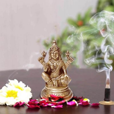 Lakshmi Statue Hindu Goddess of Wealth, Prosperity, Wisdom and Fortune Sculpture 4 Inch Brass Figurine