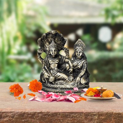 Lord Vishnu and Goddess Lakshmi Seated on Sheshnag Brass Idol 3.7 inch for Home Temple