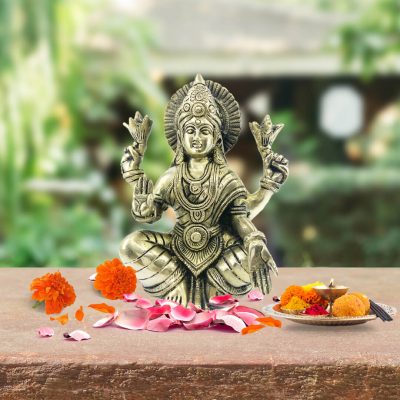 Lakshmi Statue Goddess of Wealth and Prosperity 6 Inch Brass Figurine