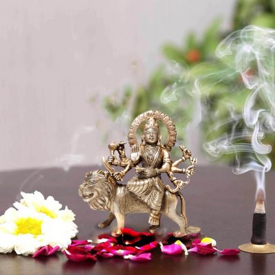 Antique Durga Brass Statue 6 inch Pooja Figurine for Home Temple Durga Sculpture for Navratri Pooja