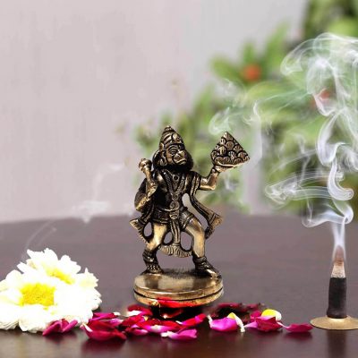 Hindu Lord Hanuman Flying Bajrangbali 3 Inch Brass Statue for Pooja Temple