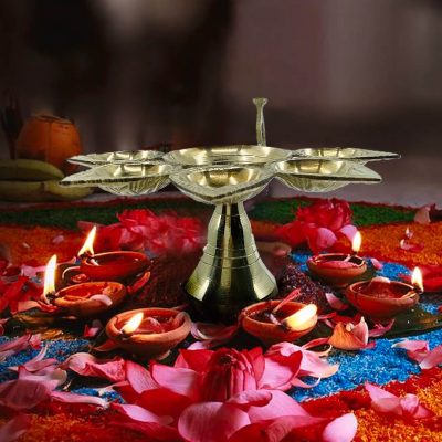 Handmade Brass Panchdeep Aaarti Diya for Home Pooja / Temple Pooja